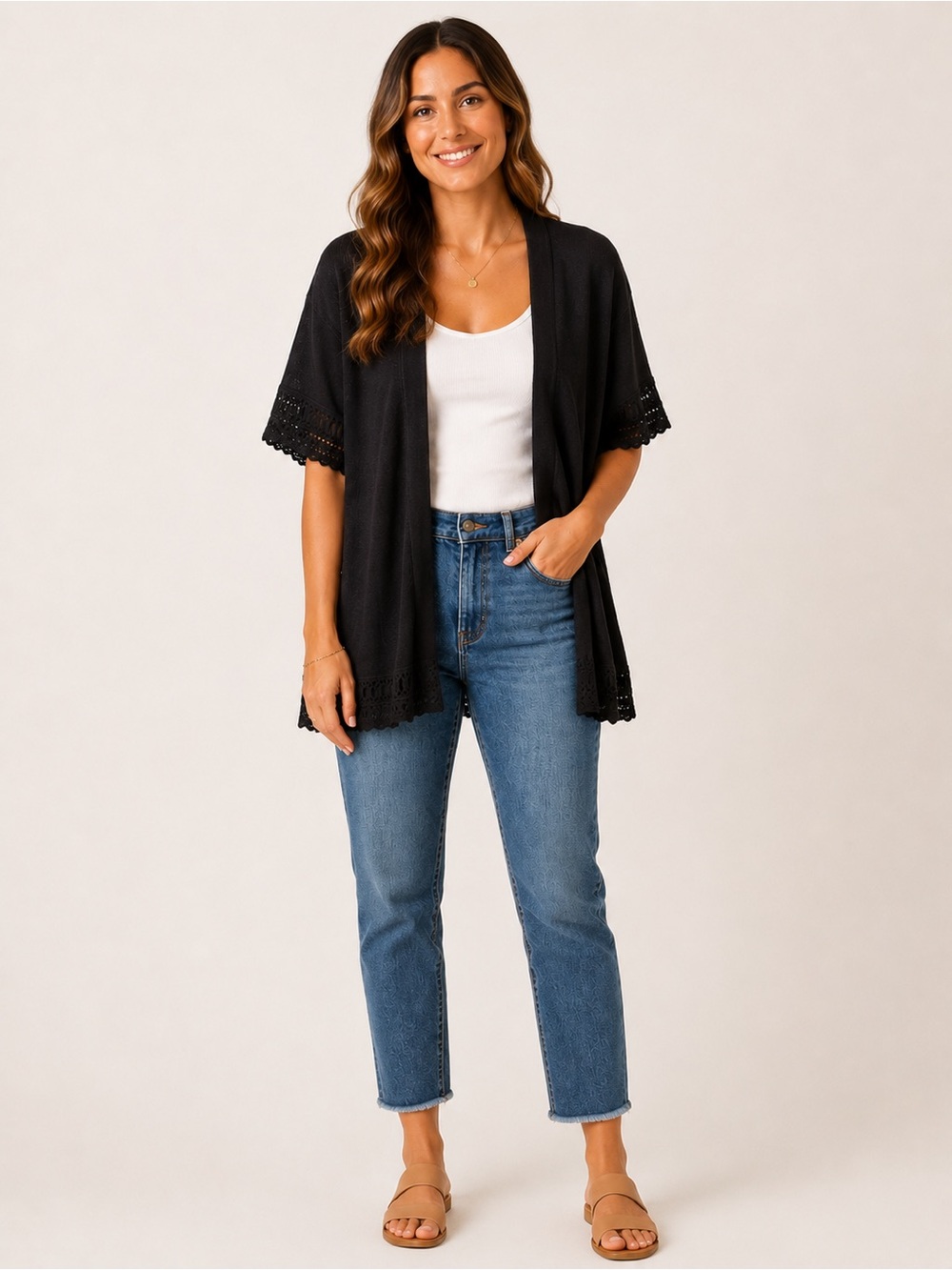 Signature by Robbie Bee Black Open-Front Lace-Trim Cardigan